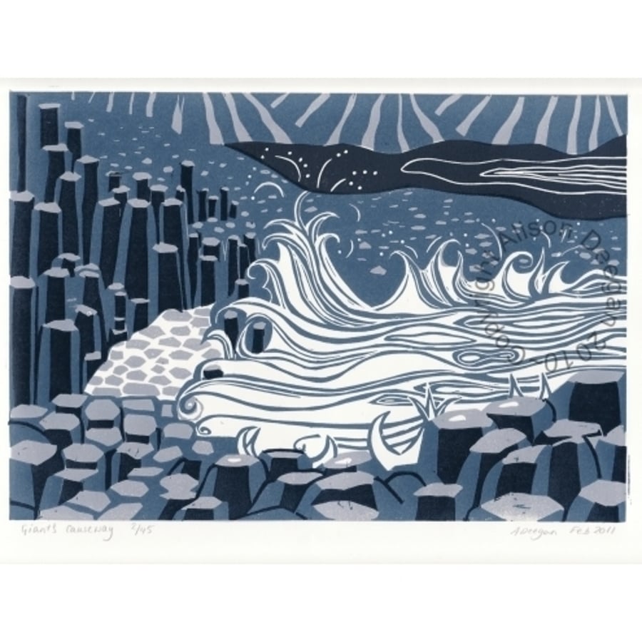 Original lino print "Giant's Causeway"