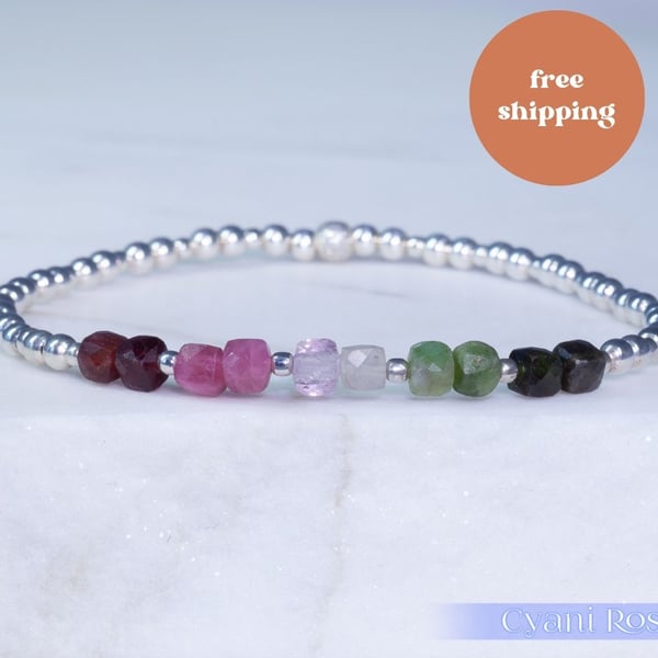 Multi tourmaline sterling silver stretchy bracelet protection and grounding