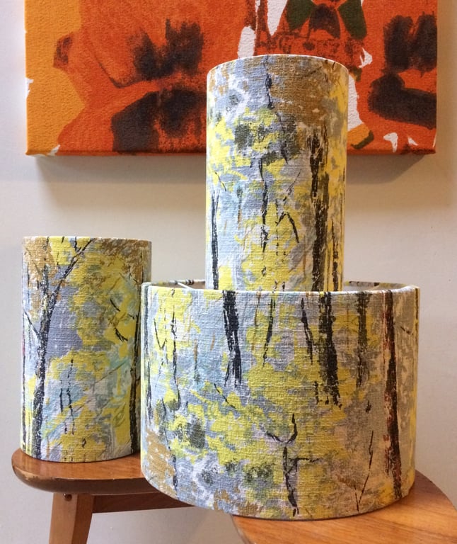 STUNNING GREY Woodland Forest Retro Barkcloth VIntage Fabric Lampshade