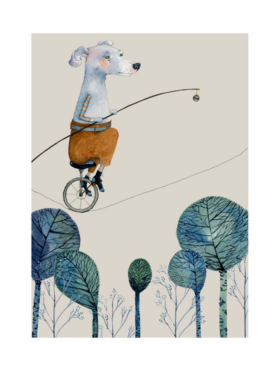 Dog Print A4 giclee Albert the Trick Cyclist illustration