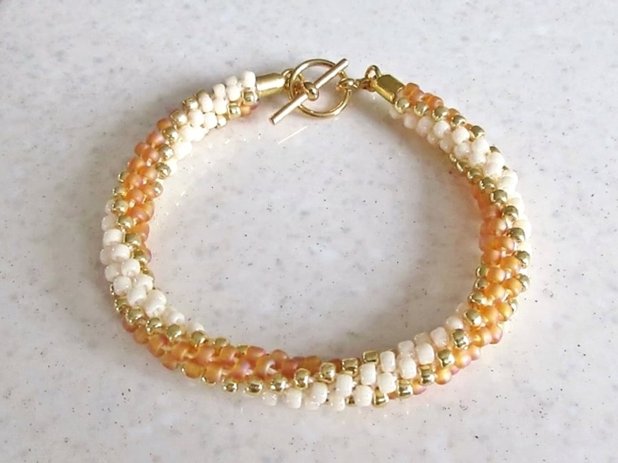 Orange, Gold & Cream Stripey Kumihimo Seed Bead Bracelet - Choose Your Colours