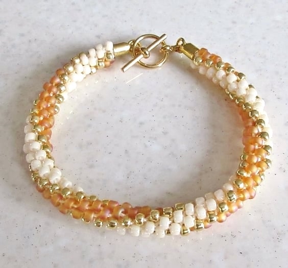 Orange, Gold & Cream Stripey Kumihimo Seed Bead Bracelet - Choose Your Colours