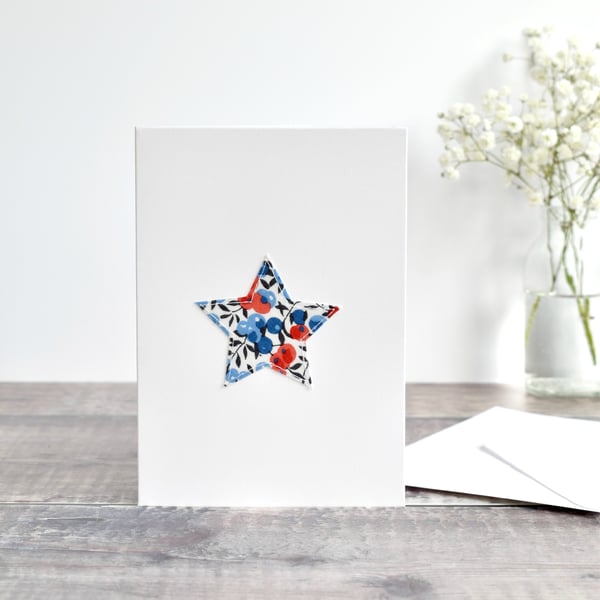 Sewn fabric star card, Liberty fabric star card, embroidered star Christmas card