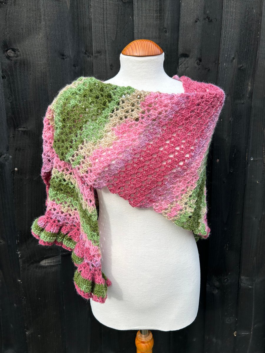 Asymmetrical Pink & Green Mohair Hand Knitted Lace Wrap Shawl Scarf 
