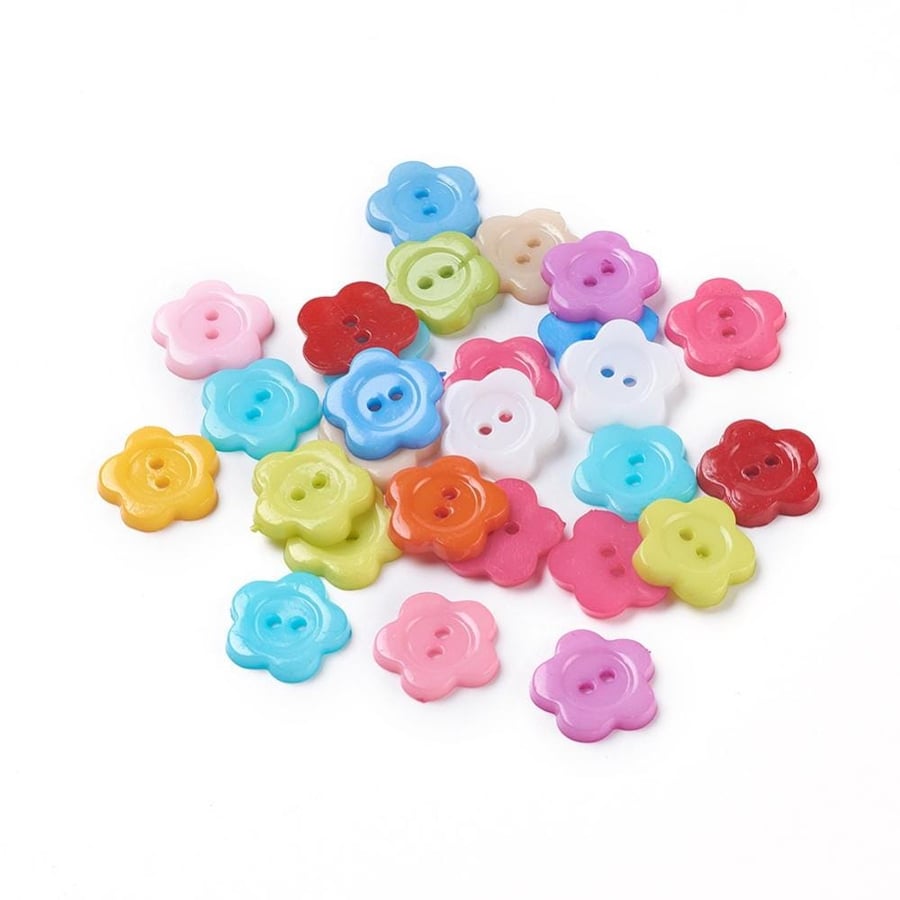 Mixed Flower Acrylic Buttons - 16mm, 2-Hole - Packet of 50 for Sewing and Crafti
