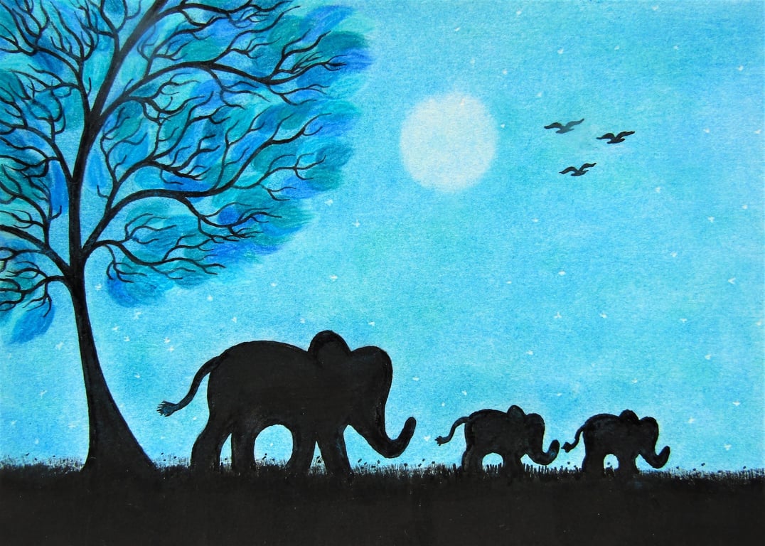 Elephant Card, Two baby Elephants Moon Tree, Twin Animal Art Card, Fathers Day