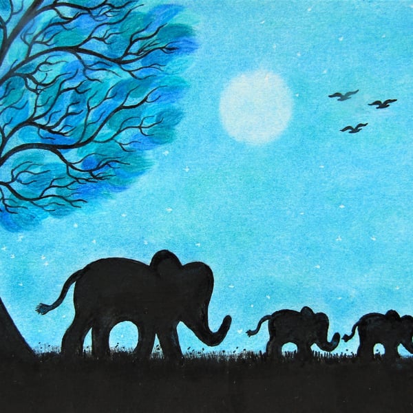 Elephant Card, Two baby Elephants Moon Tree, Twin Animal Art Card, Fathers Day