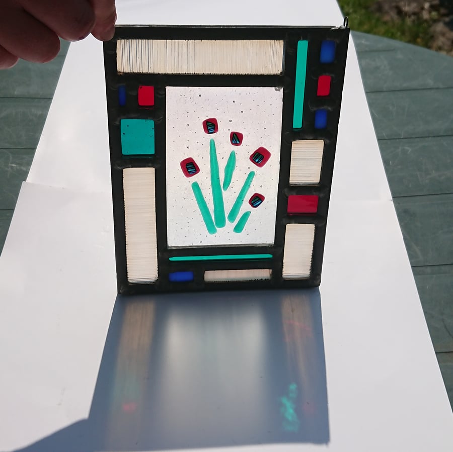 SOLD stained glass fused dichroic flowers leaded panel  