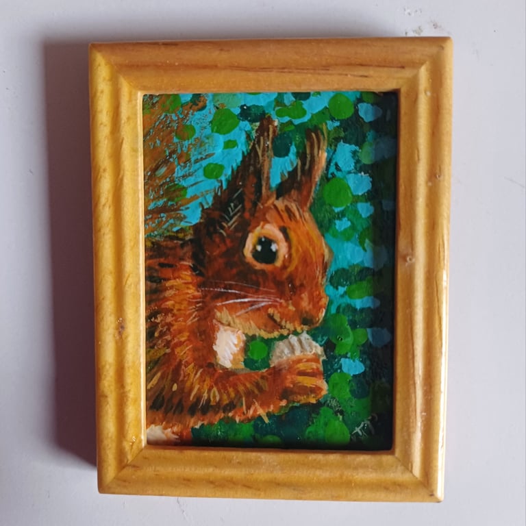 Red Squirrel and the Walnut Miniature Oil Painting