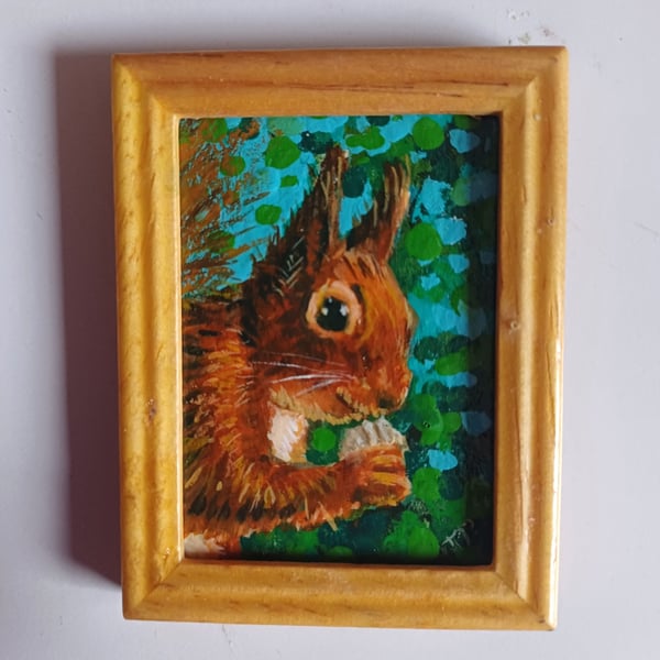 Red Squirrel and the Walnut Miniature Oil Painting