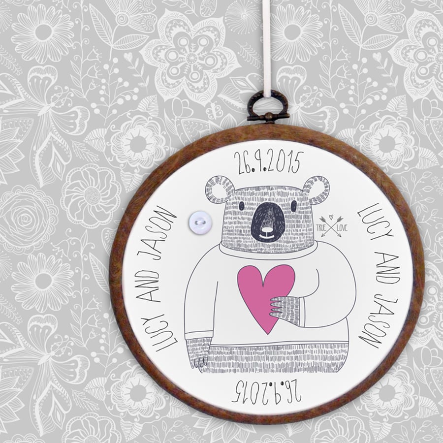 Bear Embroidery Hoop print, personalised wedding, anniversary or Valentine gift