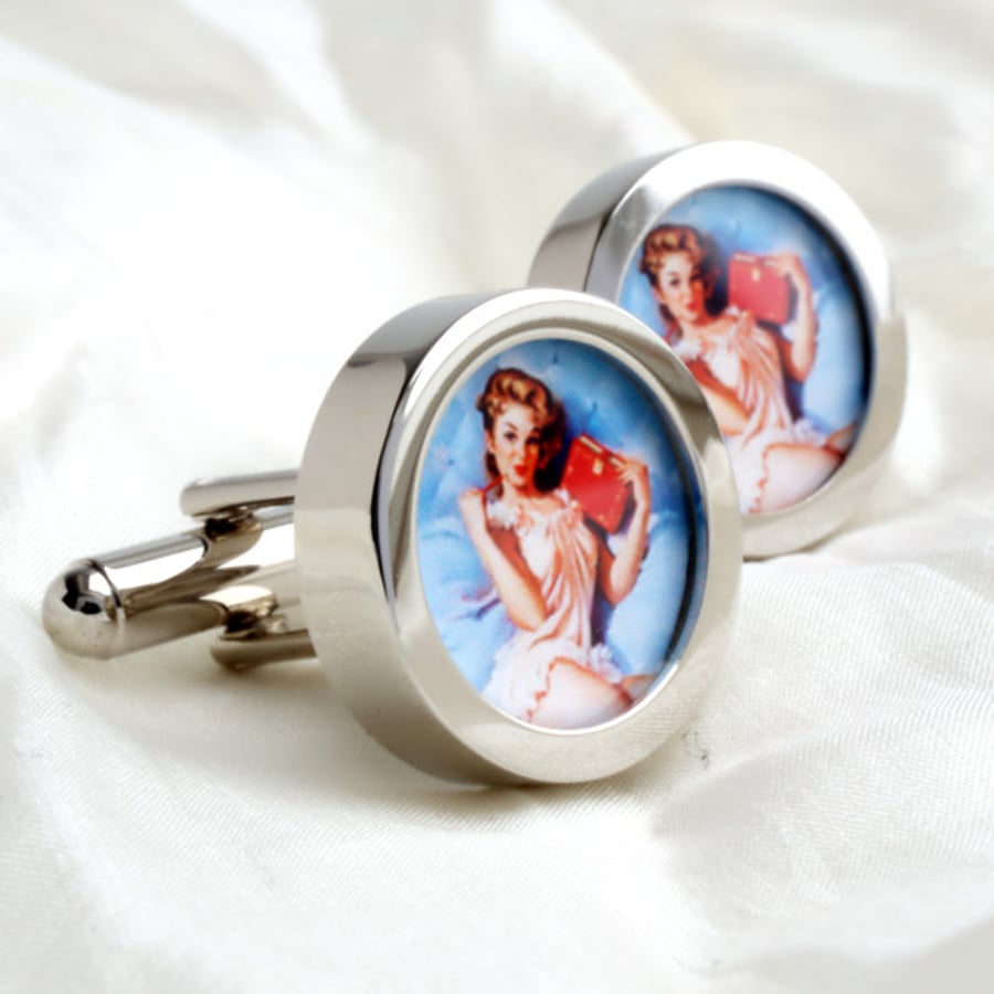 Vintage Pin Up Cufflinks - In a Blue Bed