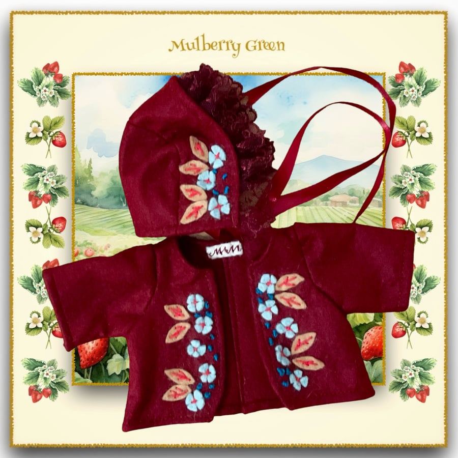 A Hand Embroidered Claret Jacket and Matching Bonnet 