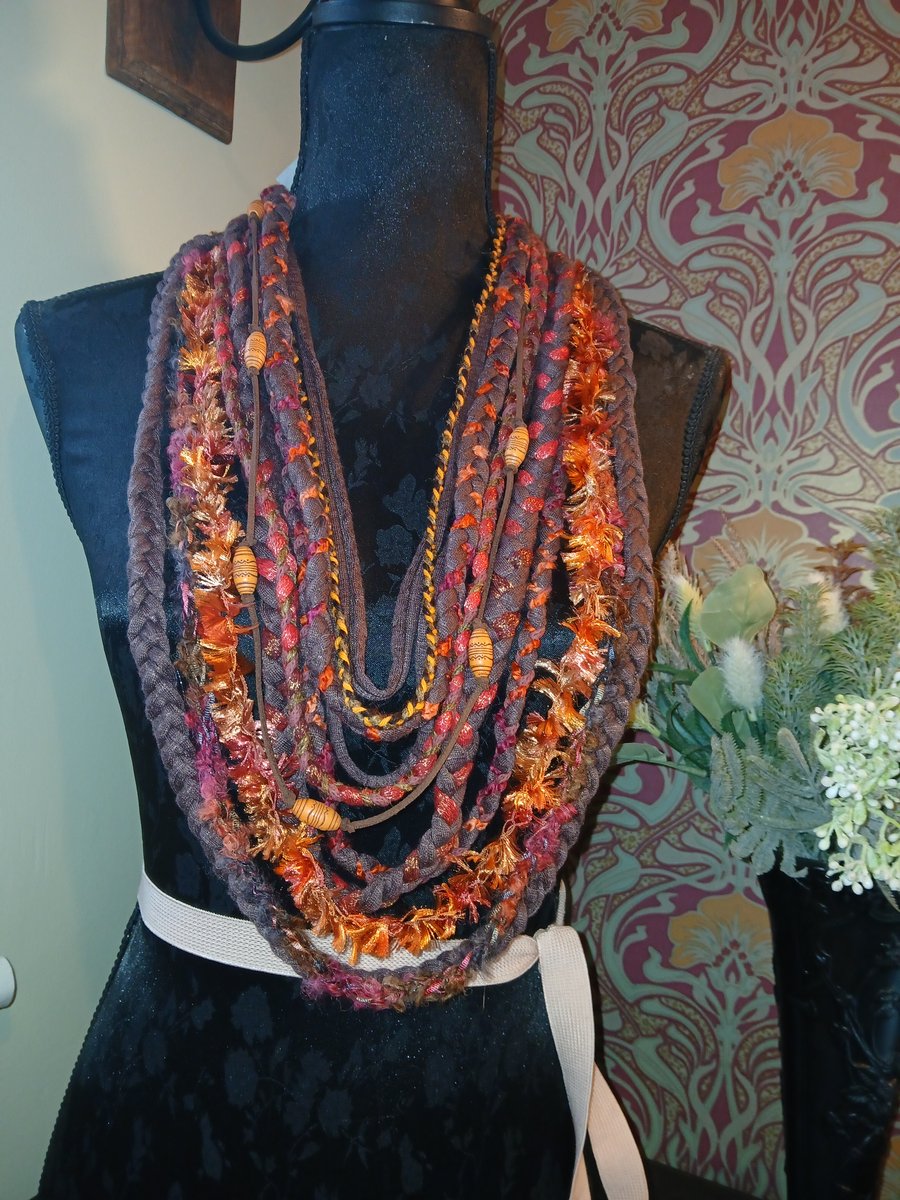 Handmade upcycled boho infinity scarf  Carnelian design