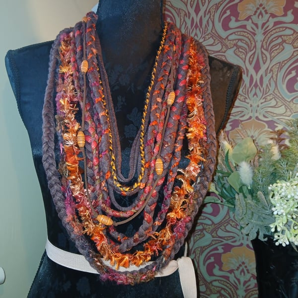 Handmade upcycled boho infinity scarf  Carnelian design