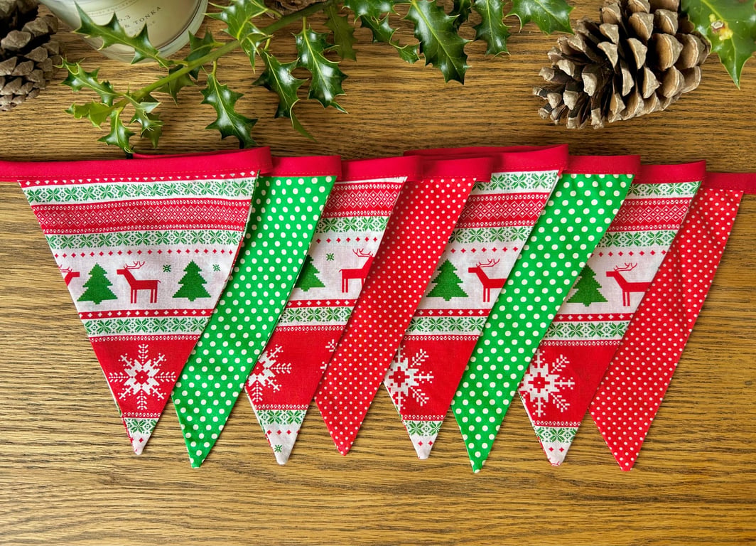 Handmade Nordic Style Red & Green Bunting - Handmade Fabric Garland