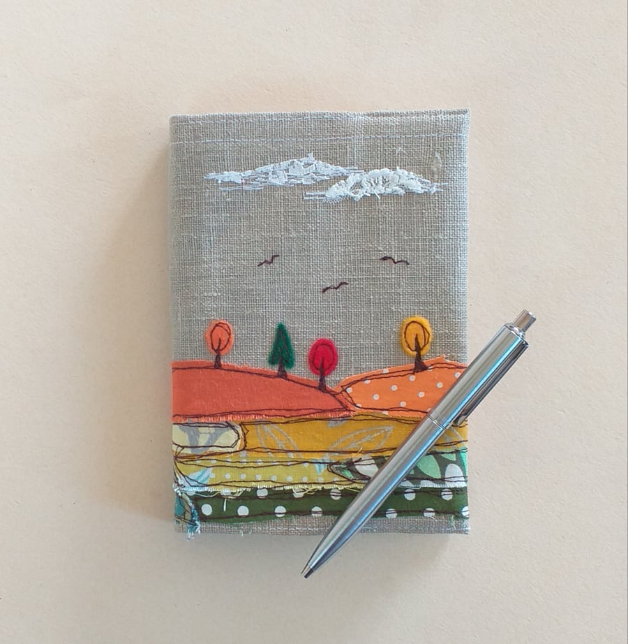 A6 Notebook with an Embroidered Autumnal Scene on a Removable Cover