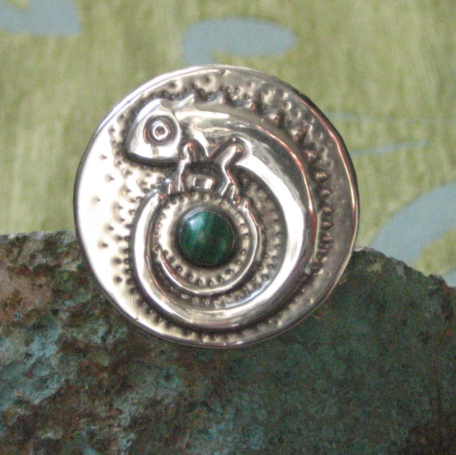 Silver Pewter Chameleon Brooch with Malachite