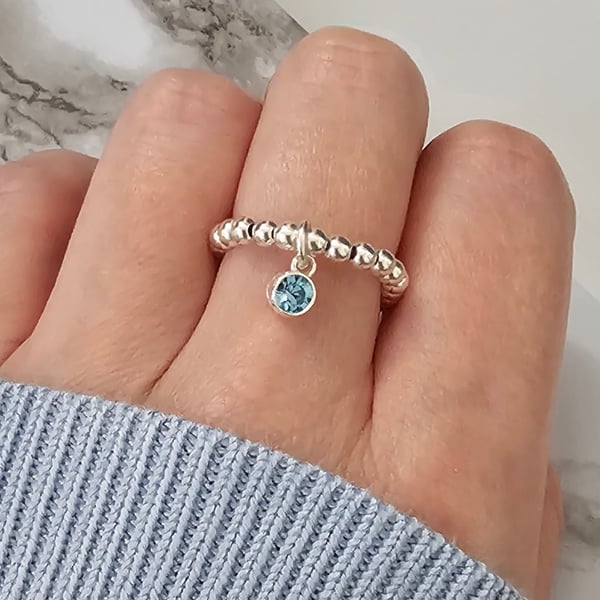 Sterling Silver Stretch Beaded, Swarovski Crystal Birthstone Ring 925