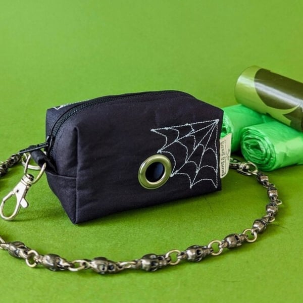 Dog Poop Bag Holder with Custom Spiderweb Embroidery, Goth Poop Bag Dispenser, D