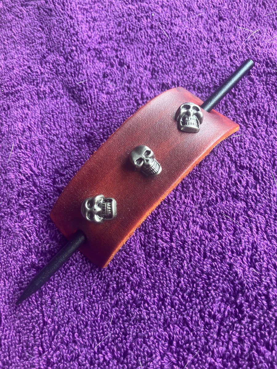 Dyed Brown: Leather Hair Stick Barrette - 3 Skull Heads (free shipping)
