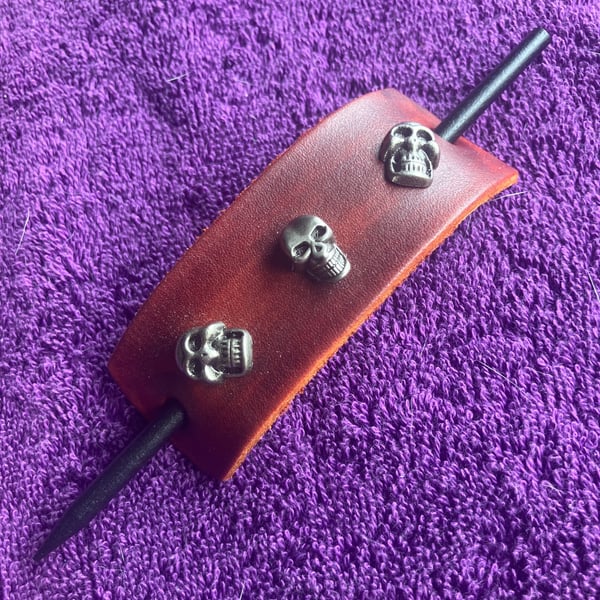 Dyed Brown: Leather Hair Stick Barrette - 3 Skull Heads (free shipping)