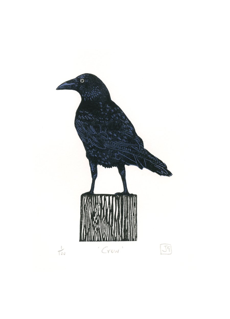 Crow two-colour linocut print
