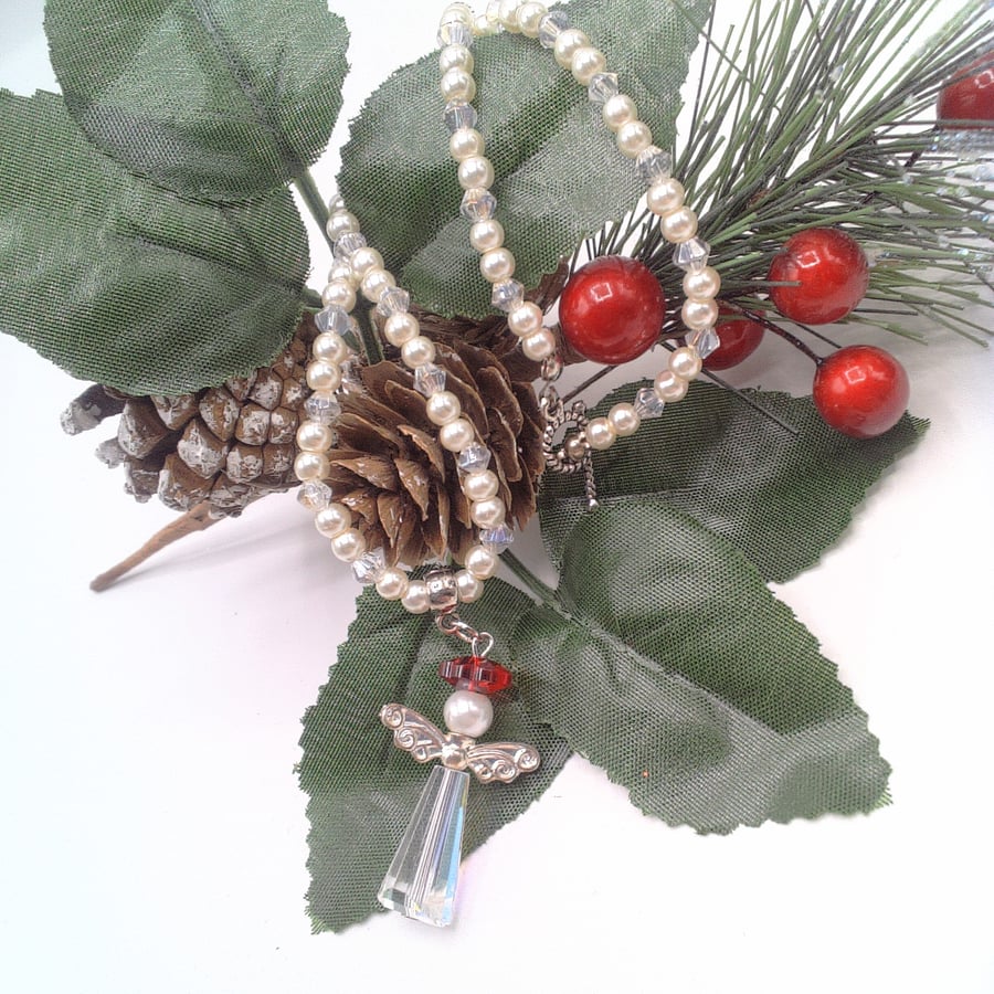 Beaded Christmas Angel Pendant on a Pearl & Crystal Necklace, Xmas Gift 