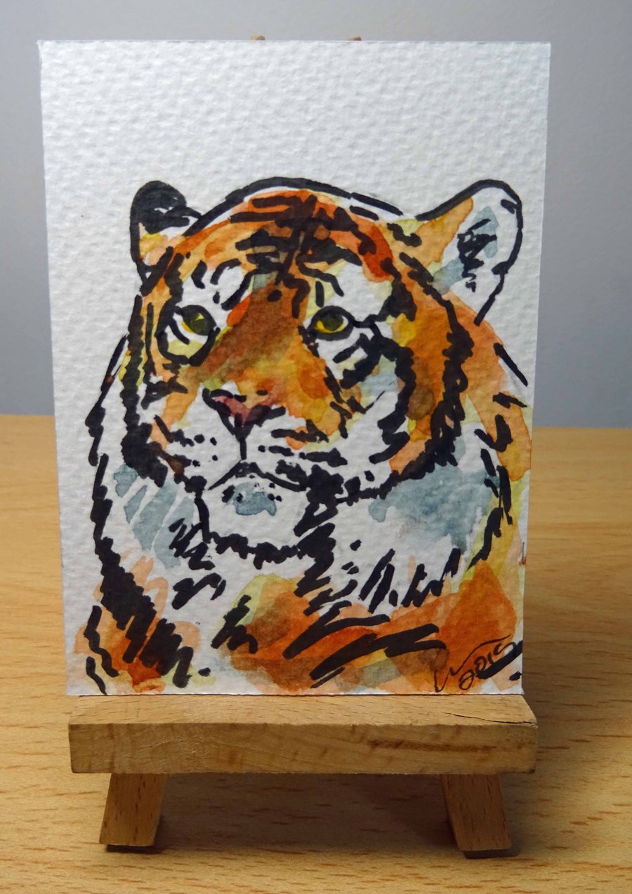 ACEO Animal Art Tiger Glance Original Watercolour and Ink Painting OOAK  Cat