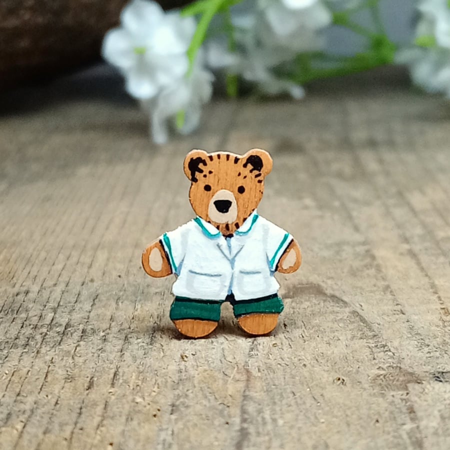 Occupational Therapist Bear Pin, Handmade Tiny Wooden OT Teddy Badge