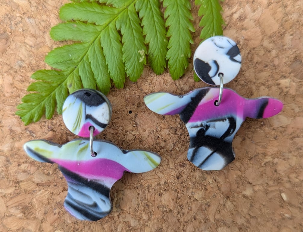 "Punk Cow" Abstract Colourful Drop Earrings - Handcrafted Polymer Clay