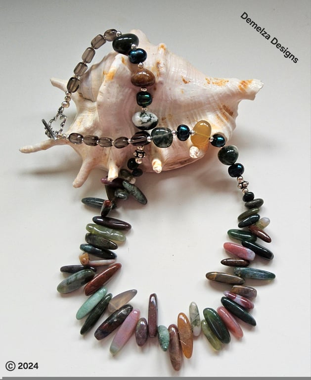 Designer Fancy Jasper, Freshwater Pearls, Smokey Quartz Necklace 