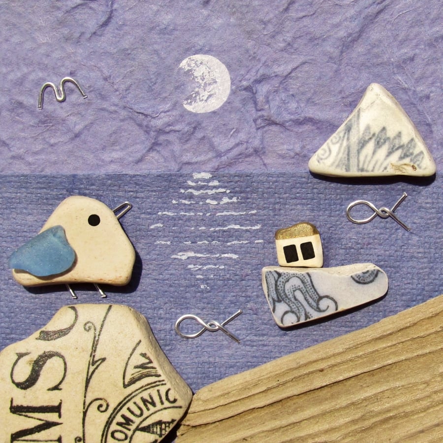 Framed Seaside Prints & Pictures - Seagull & Fishing Boat - Scottish Pebble Art