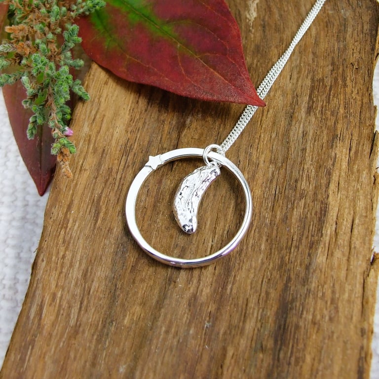 Silver Moon & Star Necklace: Recycled Silver Circle with Unique Hand Cast Moon