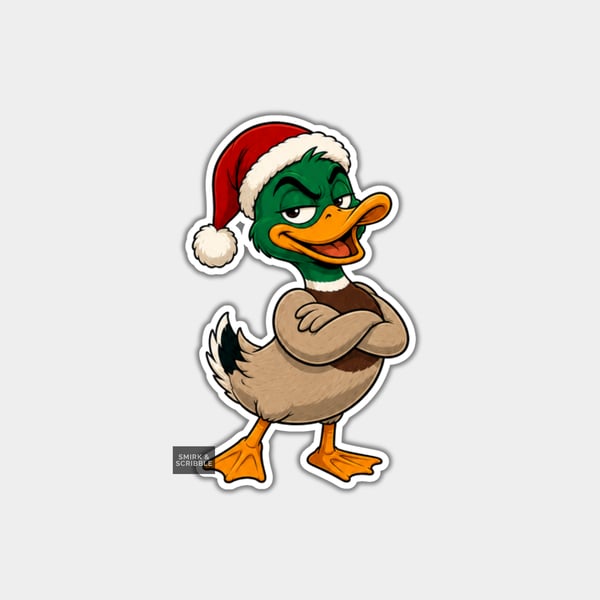 Unique Funny Christmas Sticker Xmas Decal - Cute Happy Duck In Santa Hat