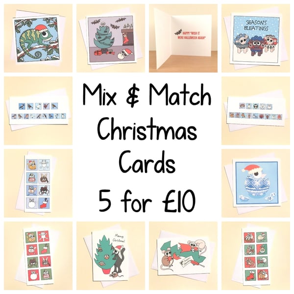 Christmas Cards Bulk Pack of 5 or 10, mix and match cute animal designs