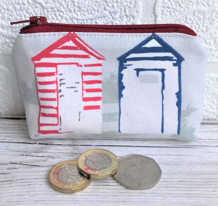 Small purse, coin purse in grey with blue and red beach huts