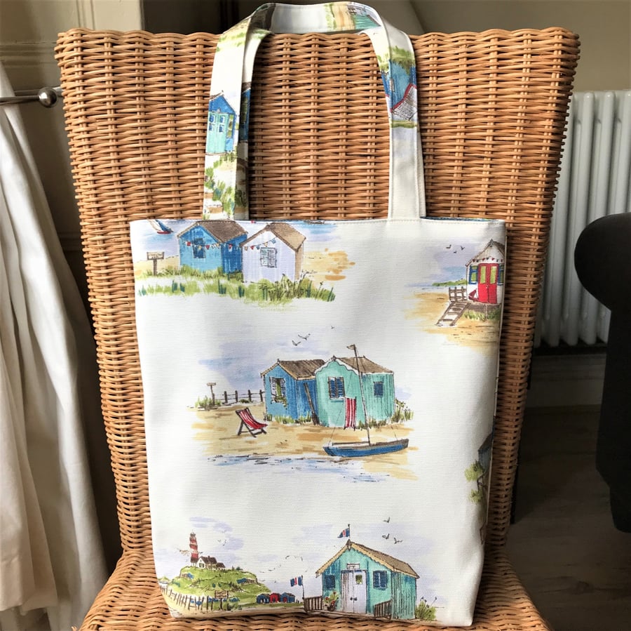 Cream tote bag, handbag with beach huts and coastal scenes pattern