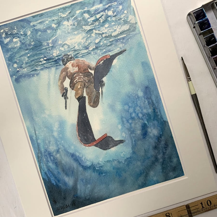 Lone Diver – Original Watercolour of Diver in Motion (A4 in 11"x14" Mount)