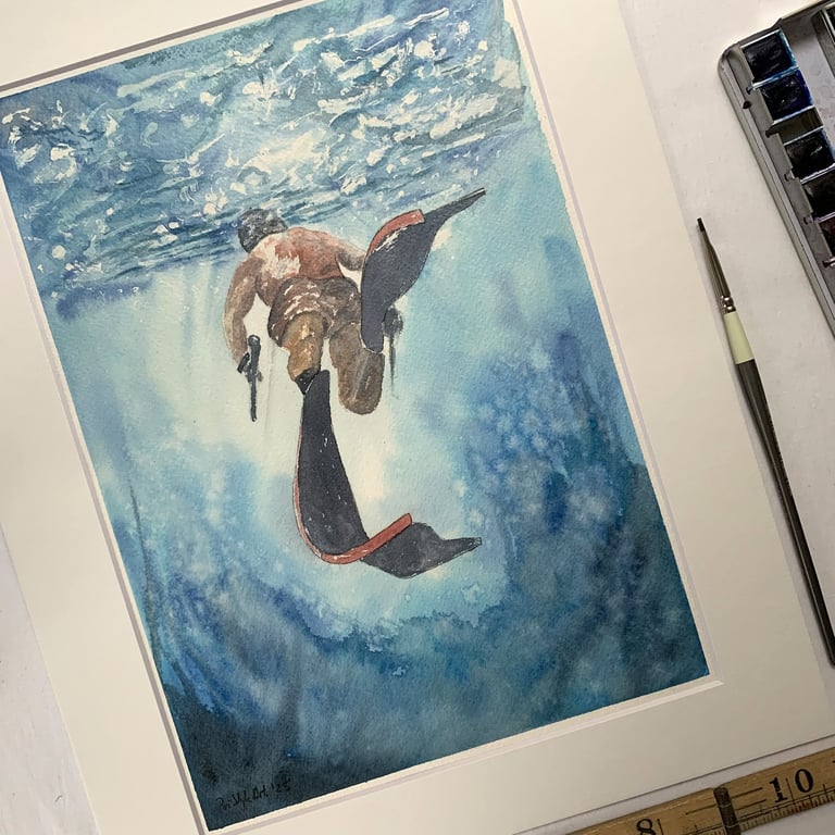 Lone Diver – Original Watercolour of Diver in Motion (A4 in 11"x14" Mount)