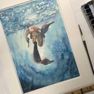 Lone Diver – Original Watercolour of Diver in Motion (A4 in 11"x14" Mount)