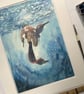 Lone Diver – Original Watercolour of Diver in Motion (A4 in 11"x14" Mount)