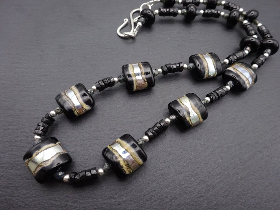 black and silver lampwork glass necklace, black spinel gemstone