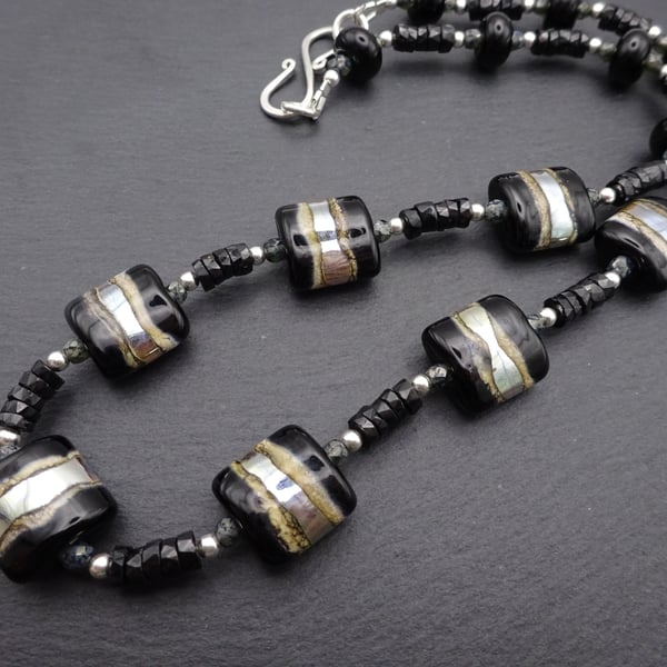 black and silver lampwork glass necklace, black spinel gemstone