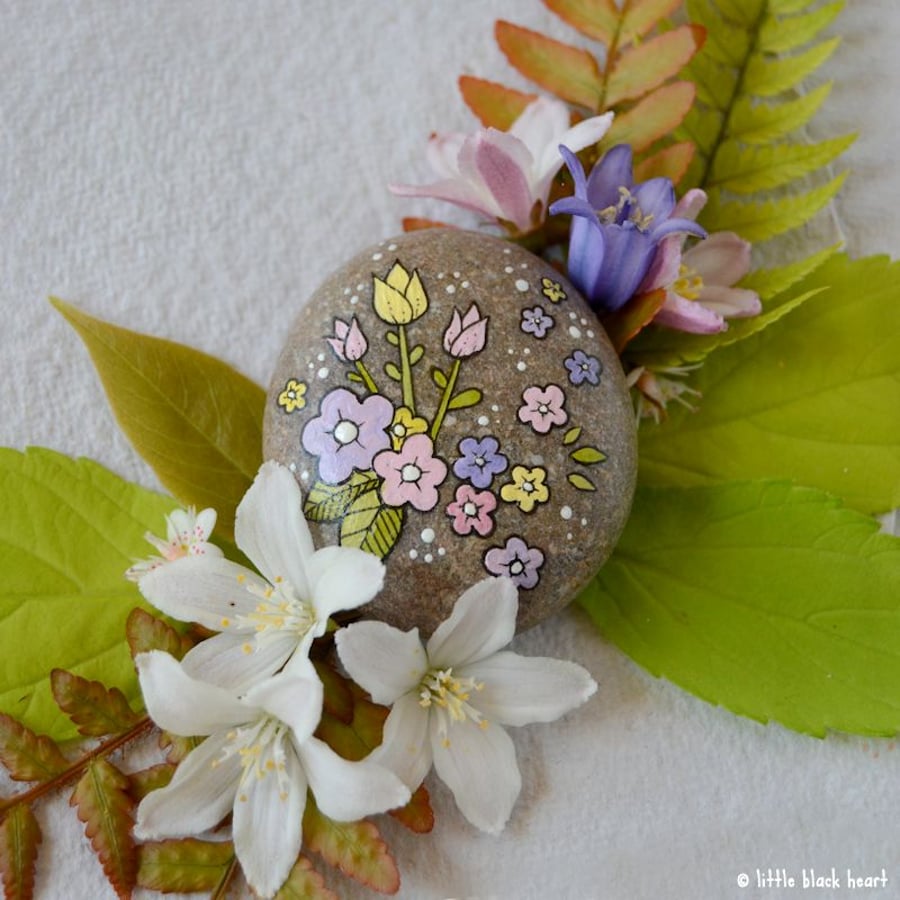 tiny tulips and blossom - pebble art