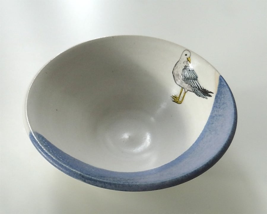 Stoneware ceramic bowl with yellow gull image - handmade pottery