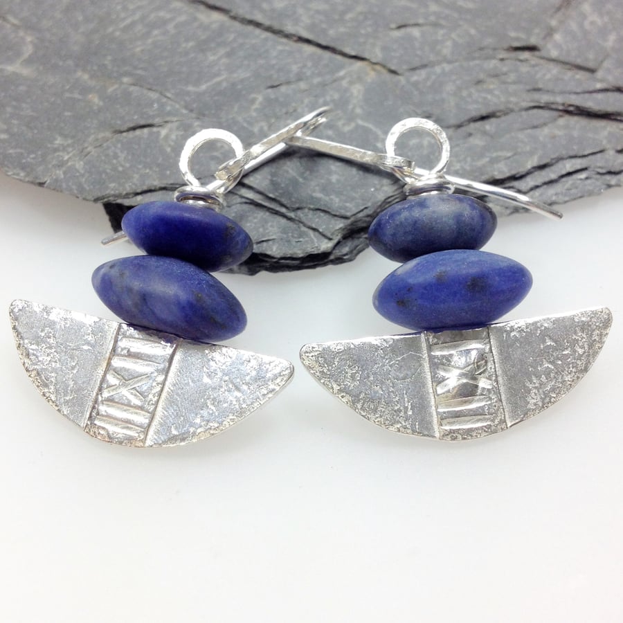 Silver and dark blue sodalite tribal blade earrings.
