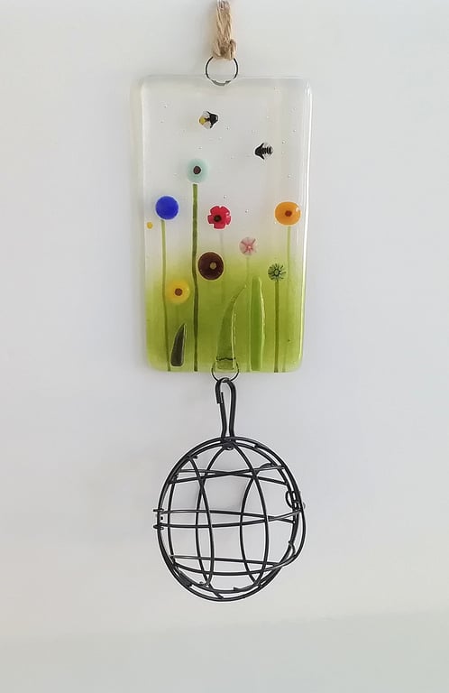 Suncatcher fat ball holder, garden art, fused glass garden gift, bird feeder. 