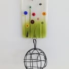 Suncatcher fat ball holder, garden art, fused glass garden gift, bird feeder. 