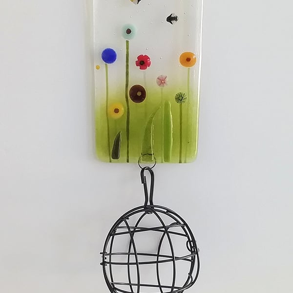 Suncatcher fat ball holder, garden art, fused glass garden gift, bird feeder. 